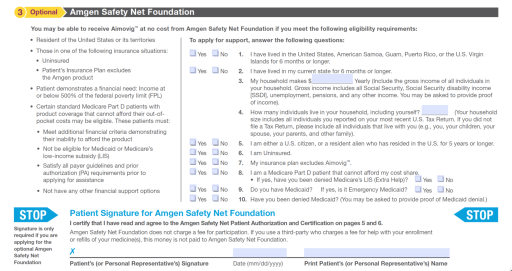 Aimovig(TM) Section 3 Amgen Safety Net Foundation