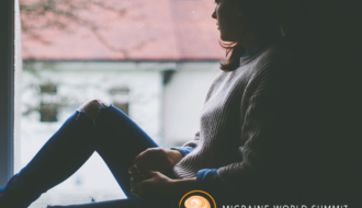 Migraine World Summit logo imposed on a background showing a silhouette of a woman sitting on a windowsill staring outside