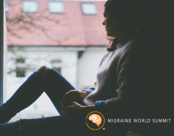 Migraine World Summit logo imposed on a background showing a silhouette of a woman sitting on a windowsill staring outside
