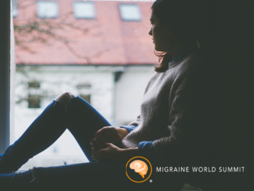 Migraine World Summit logo imposed on a background showing a silhouette of a woman sitting on a windowsill staring outside